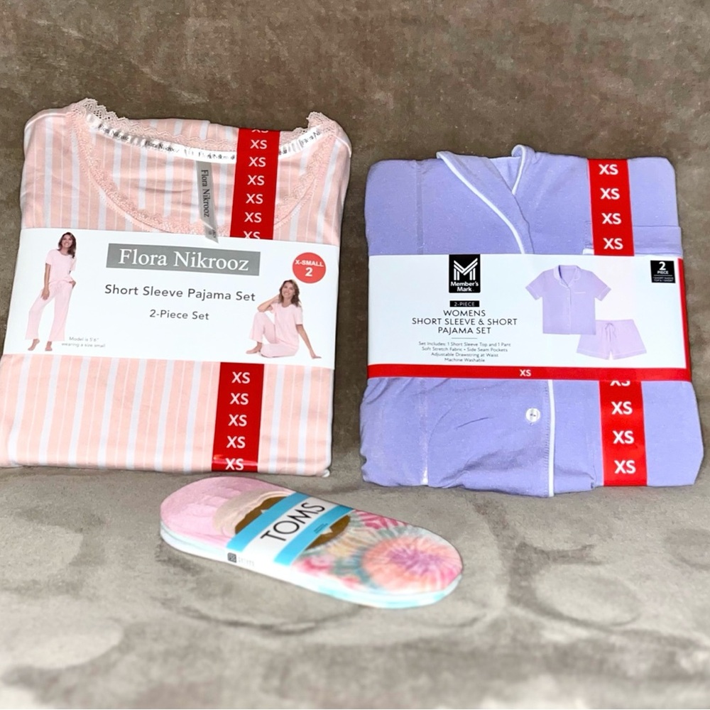 NWT Two Flora Nikrooz Pajama Sets and Toms socks. Size - XS